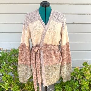 NWT Mystree Cardigan Sweater L Pastel Stripe Pink Cream Fuzzy Open Front